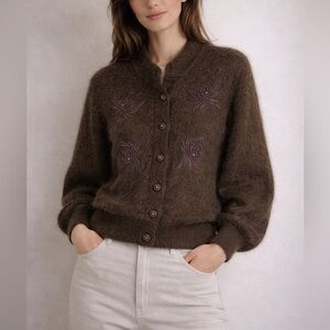 Vintage Eddie Dassin Angora Blend Cardigan Beaded Embroidered Brown Size L